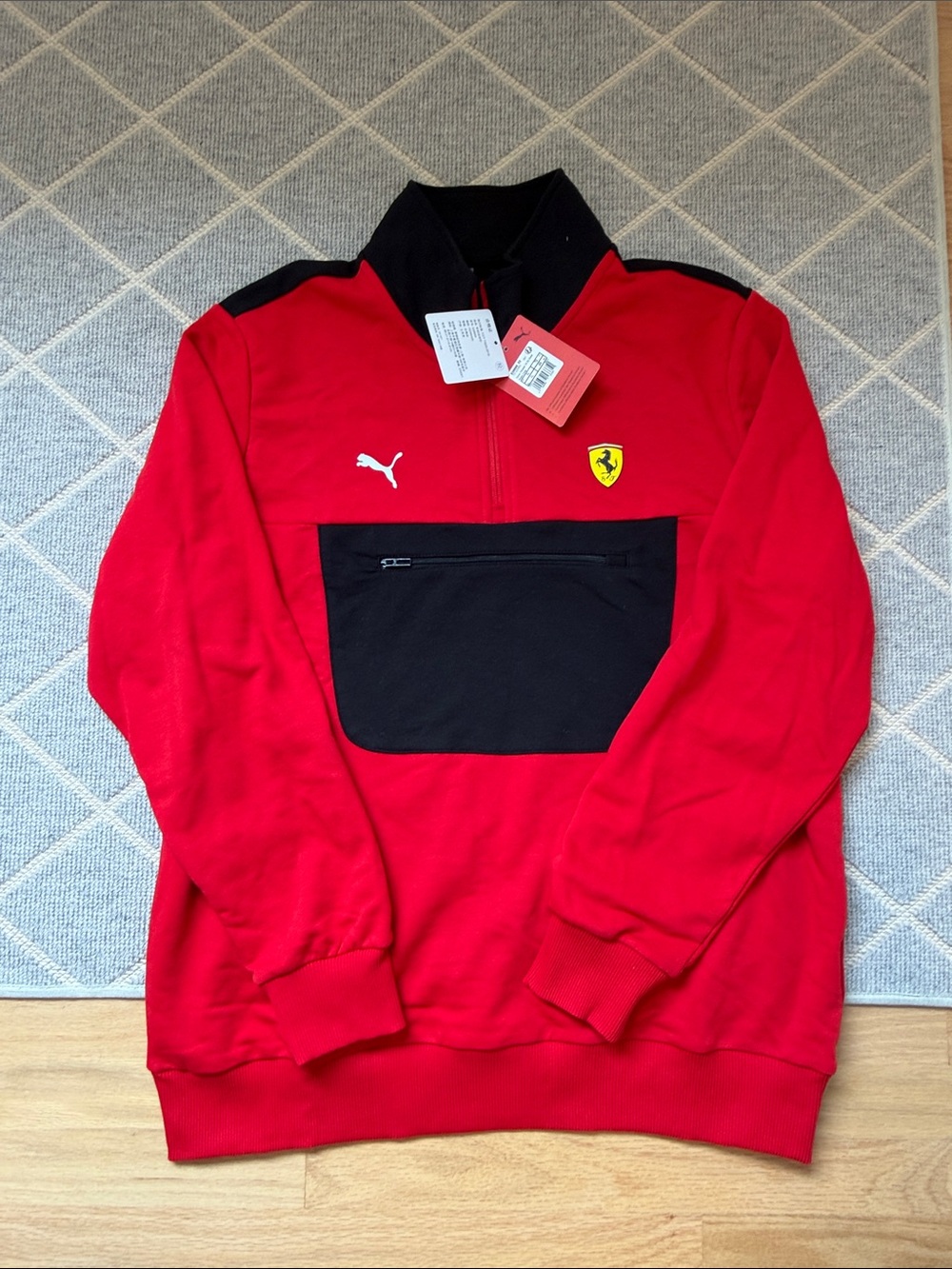 Puma x Ferrari Men's Red and Black Quarter-Zip Pullover
